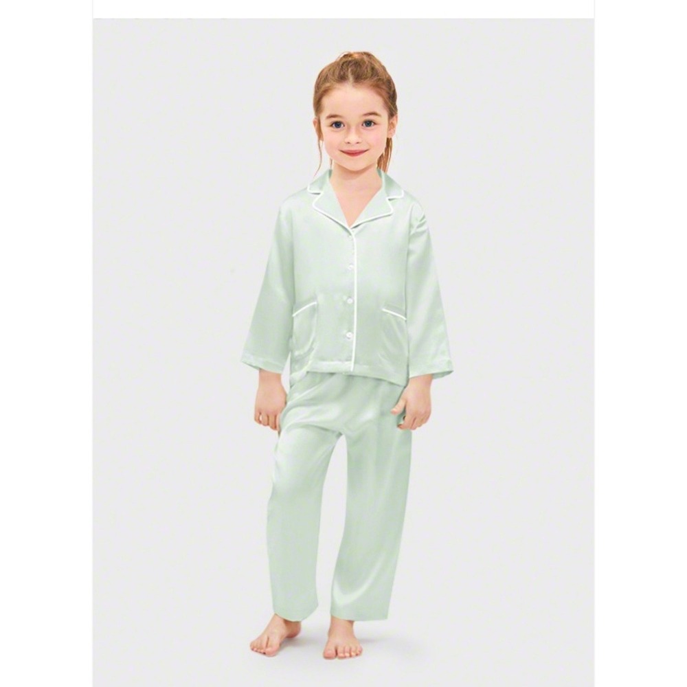 ElleSilk Kids Mint Green 100% Silk Pajama Set Long Sleeve Button Down Size 12
